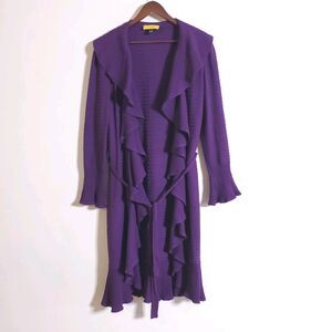 St John Ruffled Coat Cardigan Size L Santana Knit Purple Tie Waist Womens